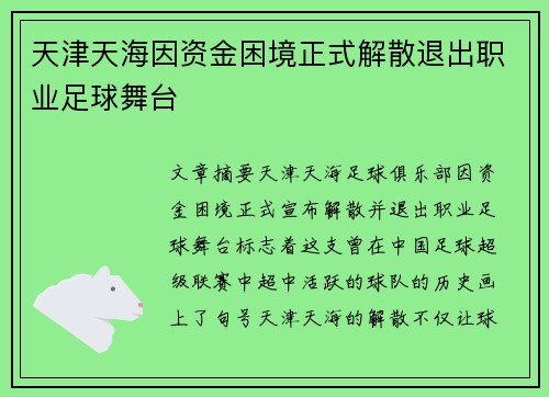天津天海因资金困境正式解散退出职业足球舞台