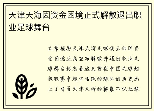 天津天海因资金困境正式解散退出职业足球舞台